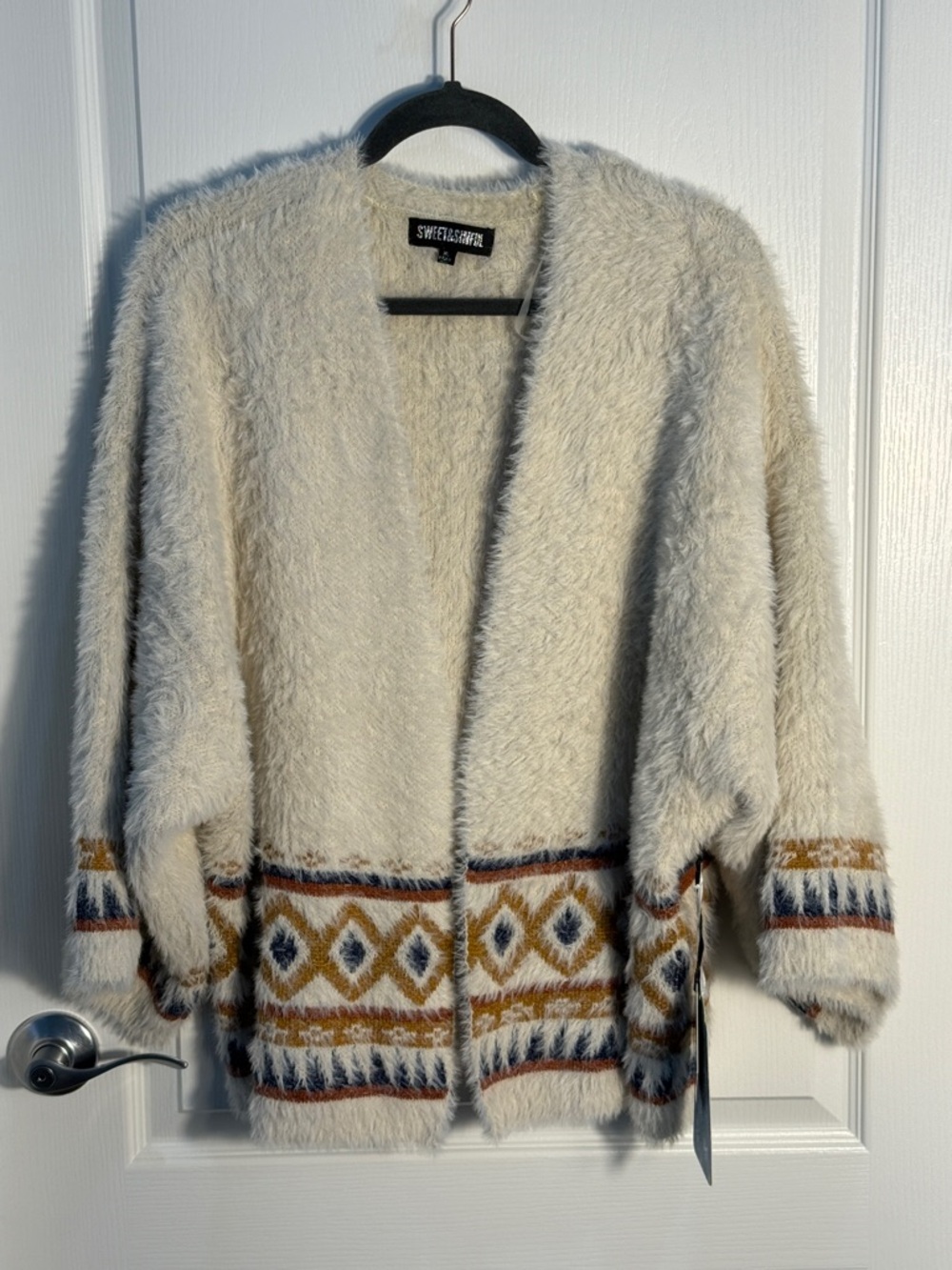 Sweet & Sinful Cream Fuzzy Open-Front Sweater Geometric Pattern Sz XL NWT